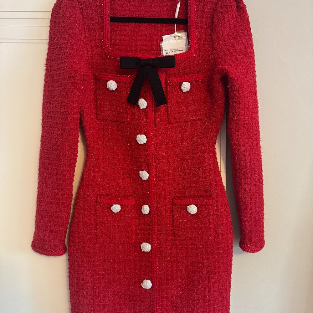 NWT Self-Portrait Red Knit Bow Mini Dress SZ Small